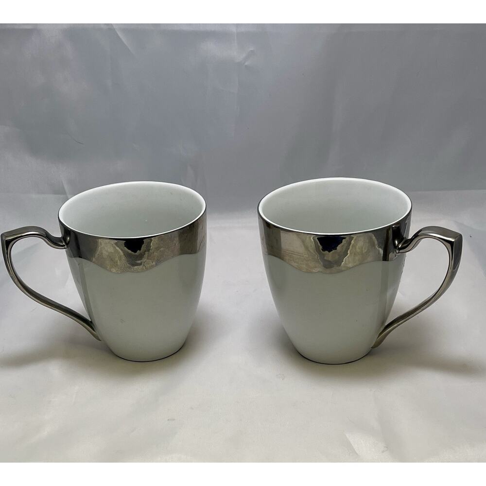 Nicole Miller White Porcelain Silver Metallic Coffee Tea Mugs X2